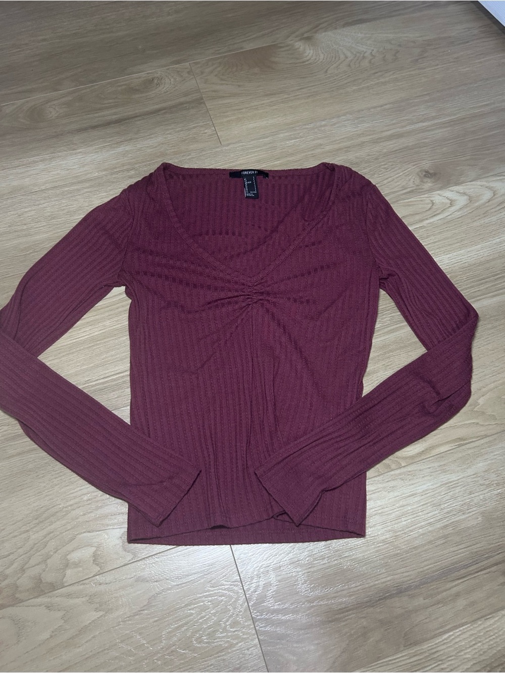 Forever 21 Burgundy Ribbed Long-Sleeve Twist Detail Top
